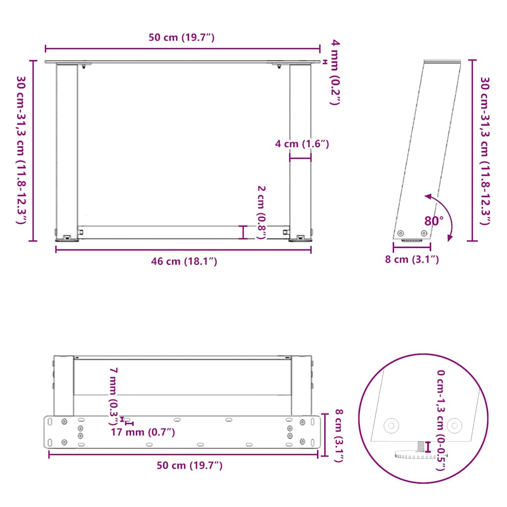 vidaXL Couchtischbeine U-Form 2 Stk. Anthrazit 50x(30-31) cm Stahl