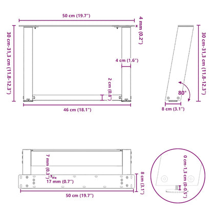 vidaXL Couchtischbeine U-Form 2 Stk. Naturstahl 50x(30-31) cm Stahl
