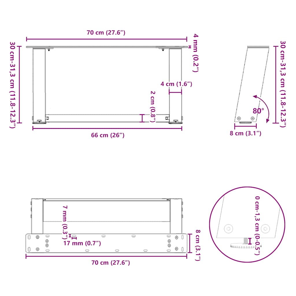 vidaXL Couchtischbeine U-Form 2 Stk. Schwarz 70x(30-31) cm Stahl