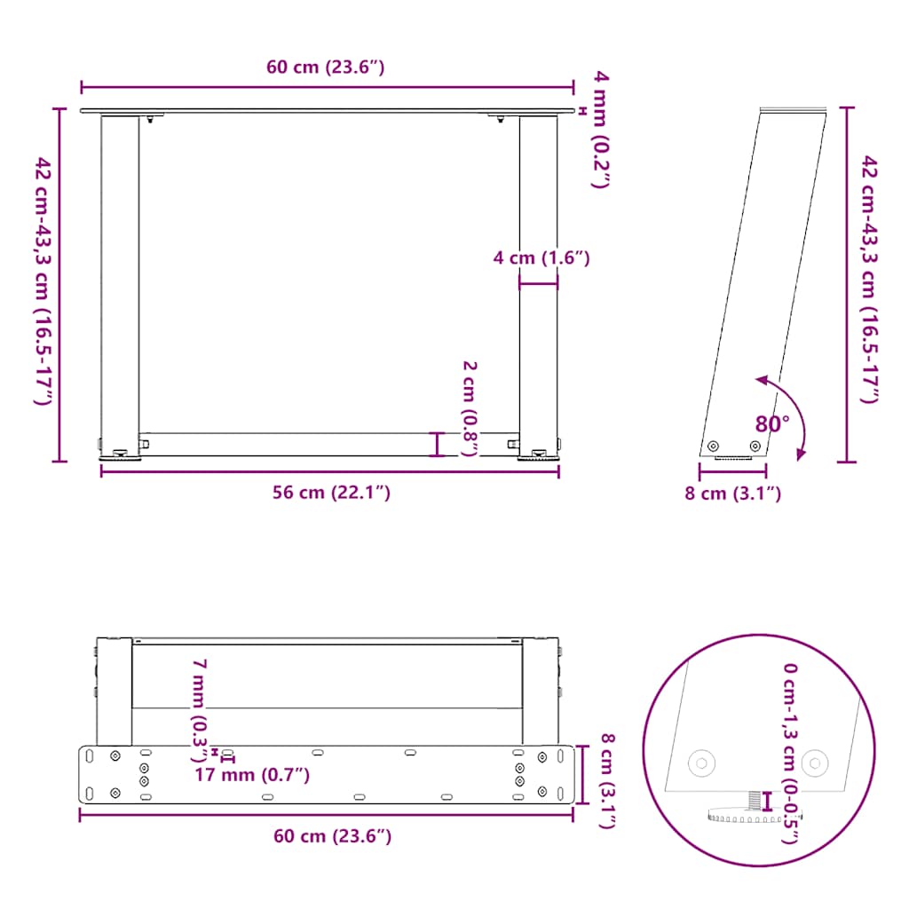 vidaXL Couchtischbeine U-Form 2 Stk. Naturstahl 60x(42-43) cm Stahl