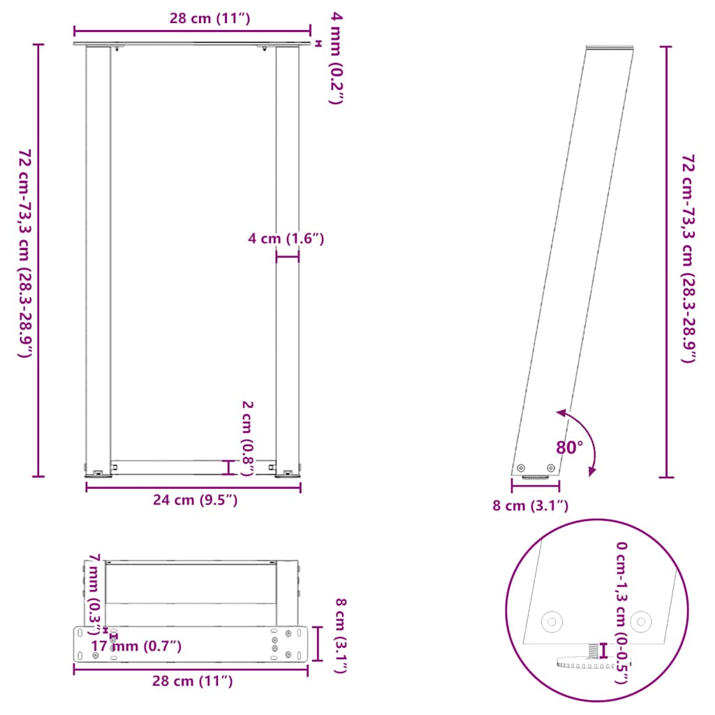 vidaXL Pieds de table console en U 2 pcs Noir 28x(72-73) cm Acier