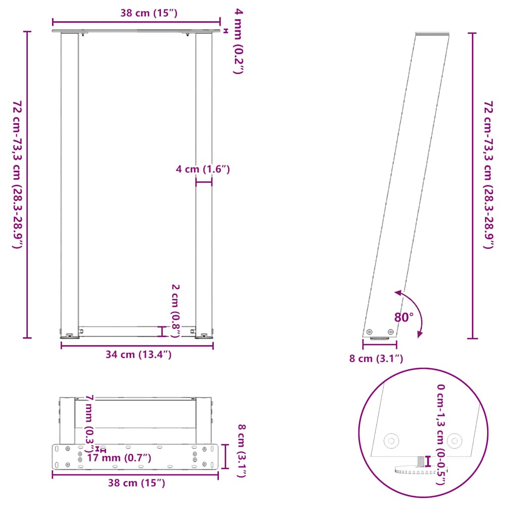 vidaXL Konsolentischbeine U-Form 2 Stk. Schwarz 38x(72-73) cm Stahl
