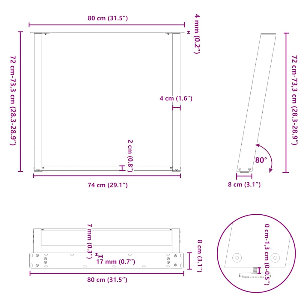 vidaXL Esstischbeine U-Form 2 Stk. Naturstahl 80x(72-73) cm Stahl