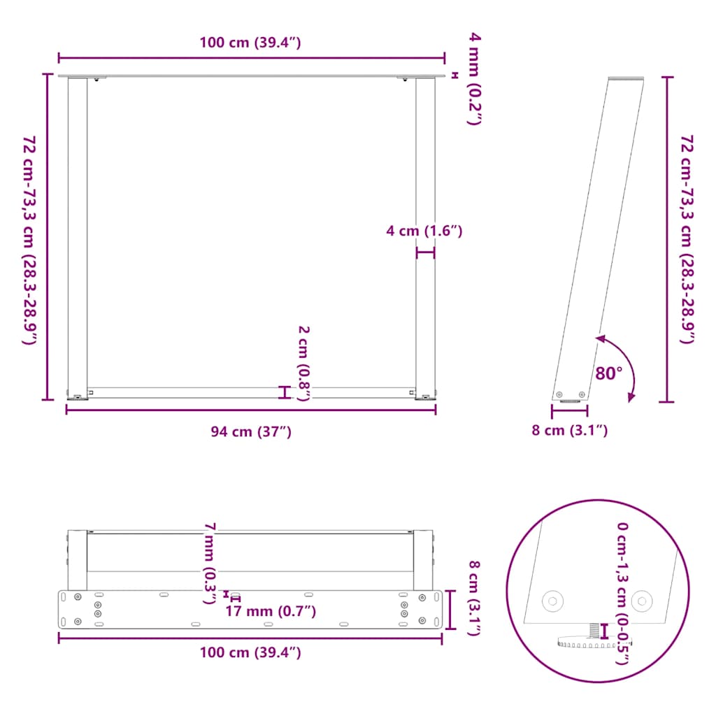 vidaXL Pieds de table à manger en U 2 pcs Blanc 100x(72-73) cm Acier
