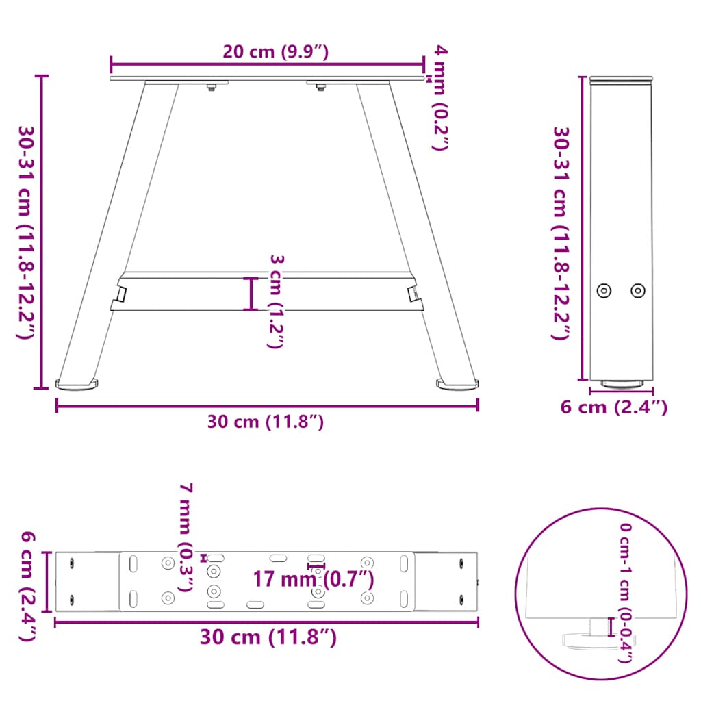 vidaXL Couchtischbeine A-Form 2 Stk. Weiß 30x(30-31) cm Stahl