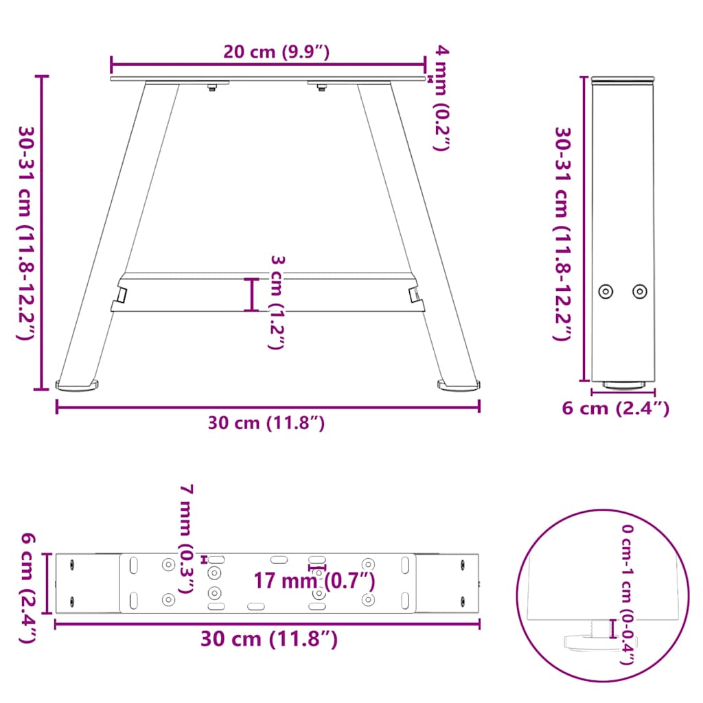 Couchtischbeine A-Form 2 Stk. 30x(30-31) cm Stahl