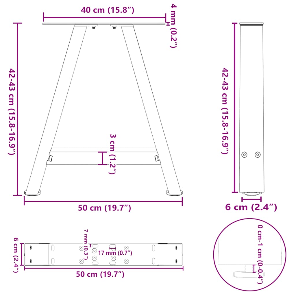 vidaXL Pieds de table basse forme A 2 pcs Anthracite 50x(42-43) cm Acier