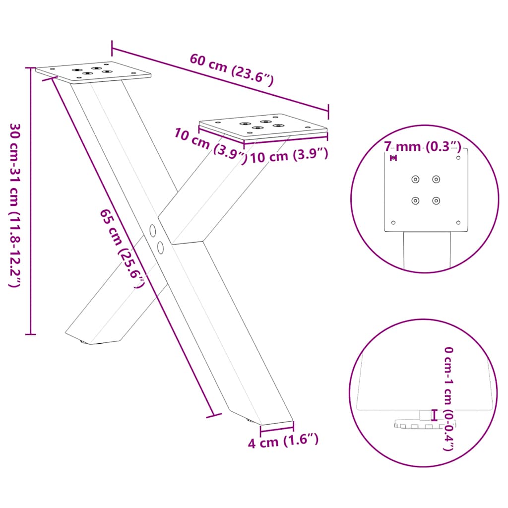 vidaXL Pieds de table basse en X 2 pcs Noir 60x(30-31) cm Acier