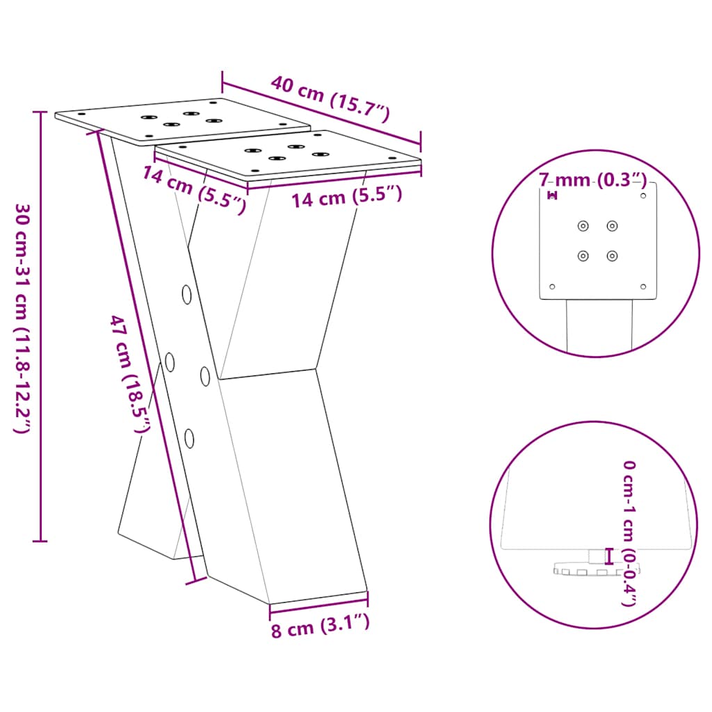 vidaXL Couchtischbeine X-Form 2 Stk. Naturstahl 40x(30-31) cm Stahl