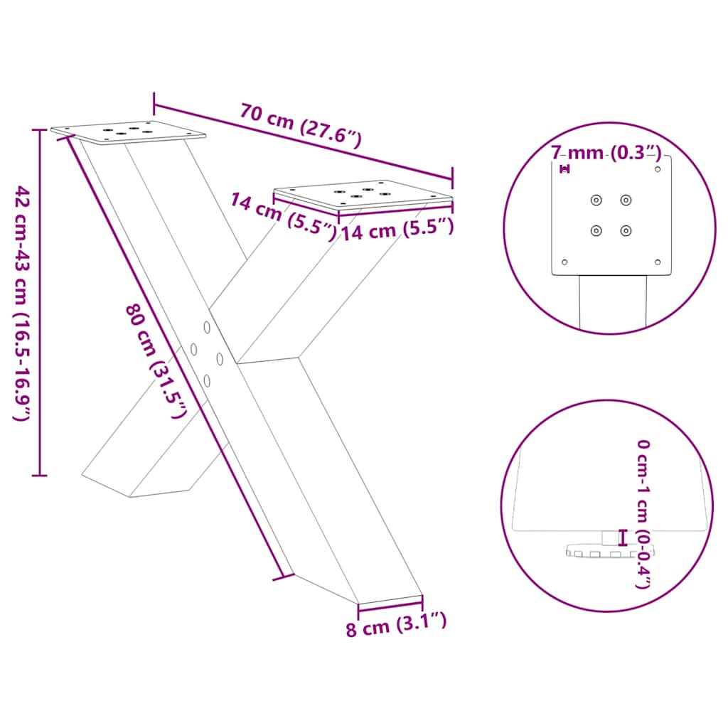 vidaXL Couchtischbeine X-Form 2 Stk. Naturstahl 70x(42-43) cm Stahl