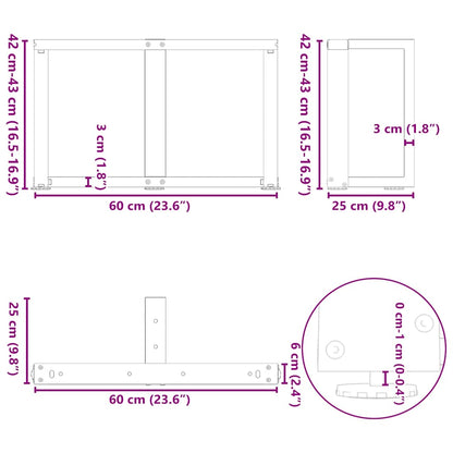 vidaXL Couchtischbeine T-Form 2 Stk. Naturstahl 60x25x(42-43) cm Stahl