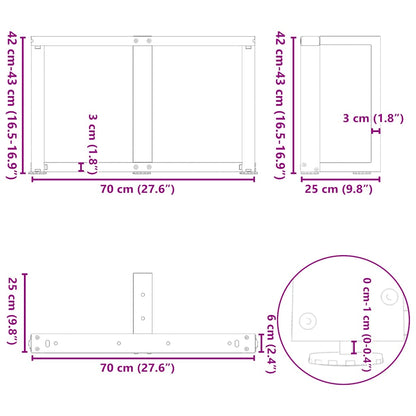 vidaXL Couchtischbeine T-Form 2 Stk. Naturstahl 70x25x(42-43) cm Stahl