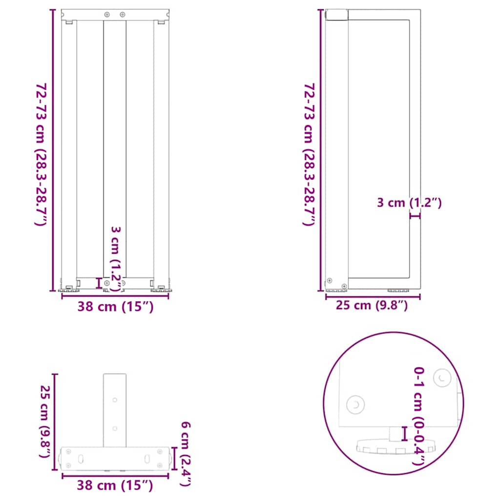 vidaXL Konsolentischbeine T-Form 2 Stk. Naturstahl 38x25x(72-73) cm