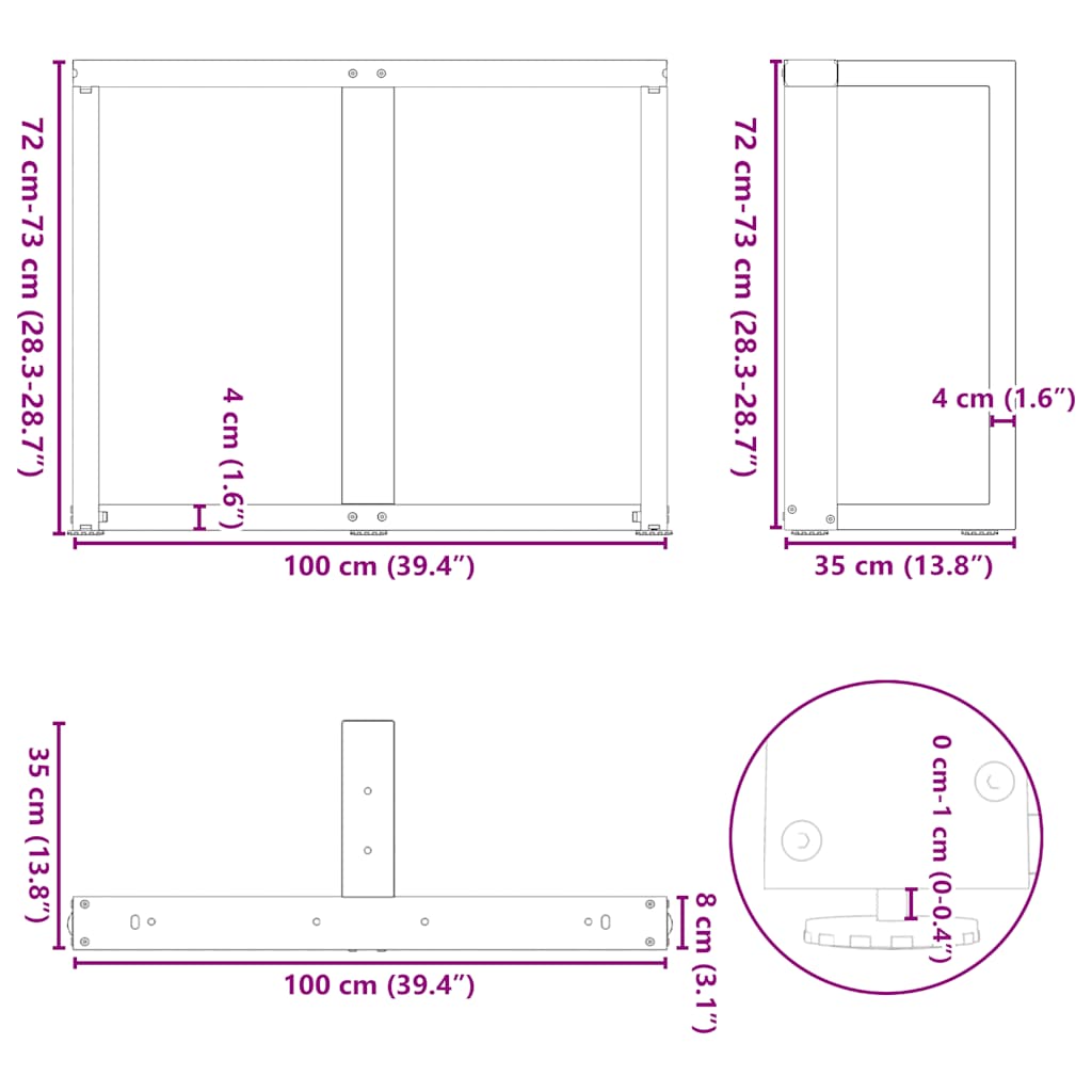 vidaXL Pieds de table à manger en T 2 pcs. Acier brut 100x35x(72-73) cm Acier