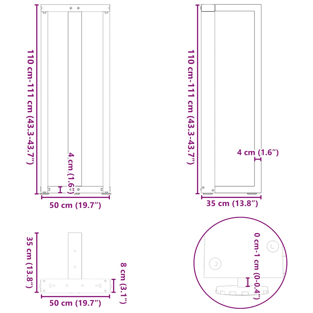 vidaXL Bartischbeine T-Form 2 Stk. Schwarz 50x35x(110-111) cm Stahl