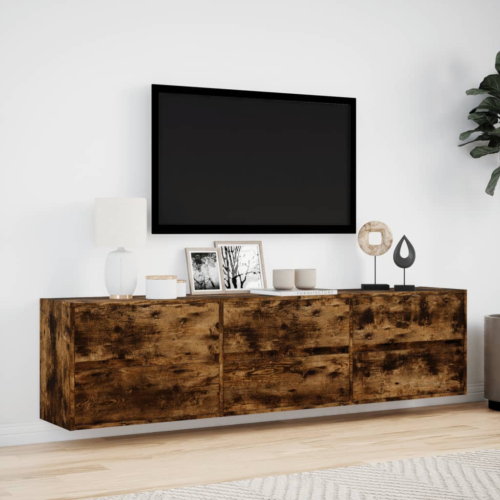 Meuble TV mural vidaXL avec LED chêne fumé 180x31x45 cm