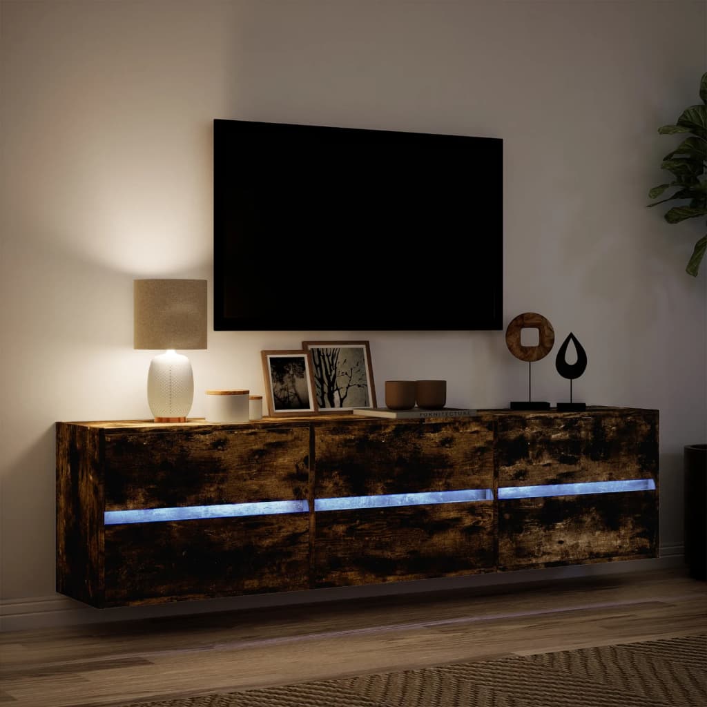 Meuble TV mural vidaXL avec LED chêne fumé 180x31x45 cm