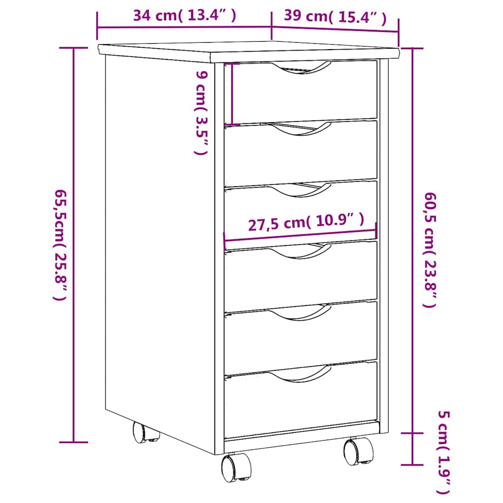 vidaXL Rollschrank mit Schubladen MOSS Schwarz Massivholz Kiefer