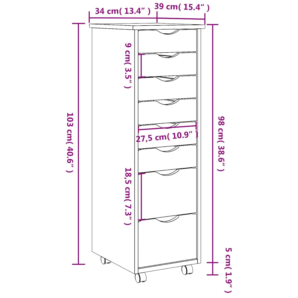 vidaXL Rollschrank mit Schubladen MOSS Schwarz Massivholz Kiefer