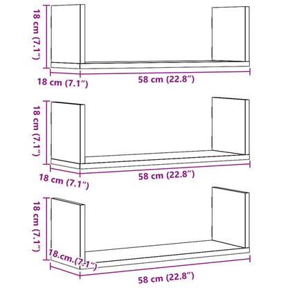 vidaXL Wandregale 3 Stk. Schwarz 58x18x18 cm Holzwerkstoff