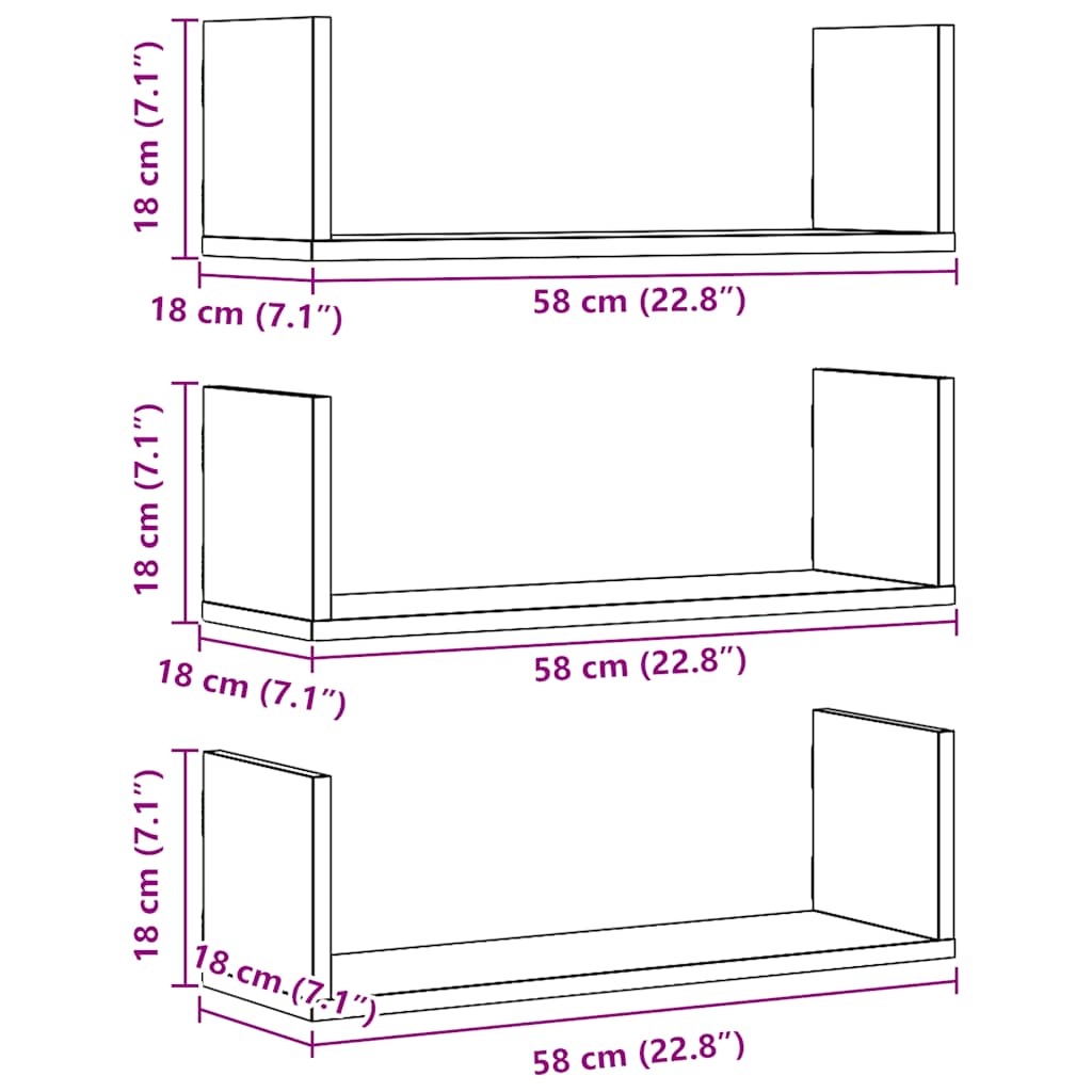 vidaXL Wandregale 3 Stk. Artisan-Eiche 58x18x18 cm Holzwerkstoff