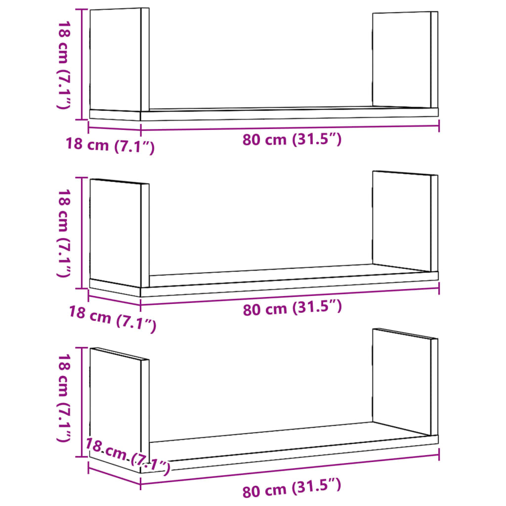 vidaXL Étagères murales 3 pcs Blanc 80x18x18 cm Bois d'ingénierie