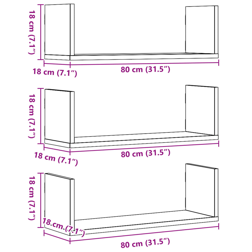 vidaXL Étagères murales 3 pcs Gris sonoma 80x18x18 cm Bois d'ingénierie