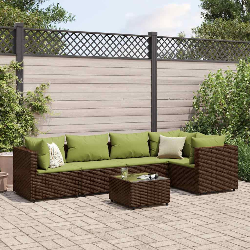 6-tlg. Garten-Lounge-Set mit Kissen Braun Poly Rattan