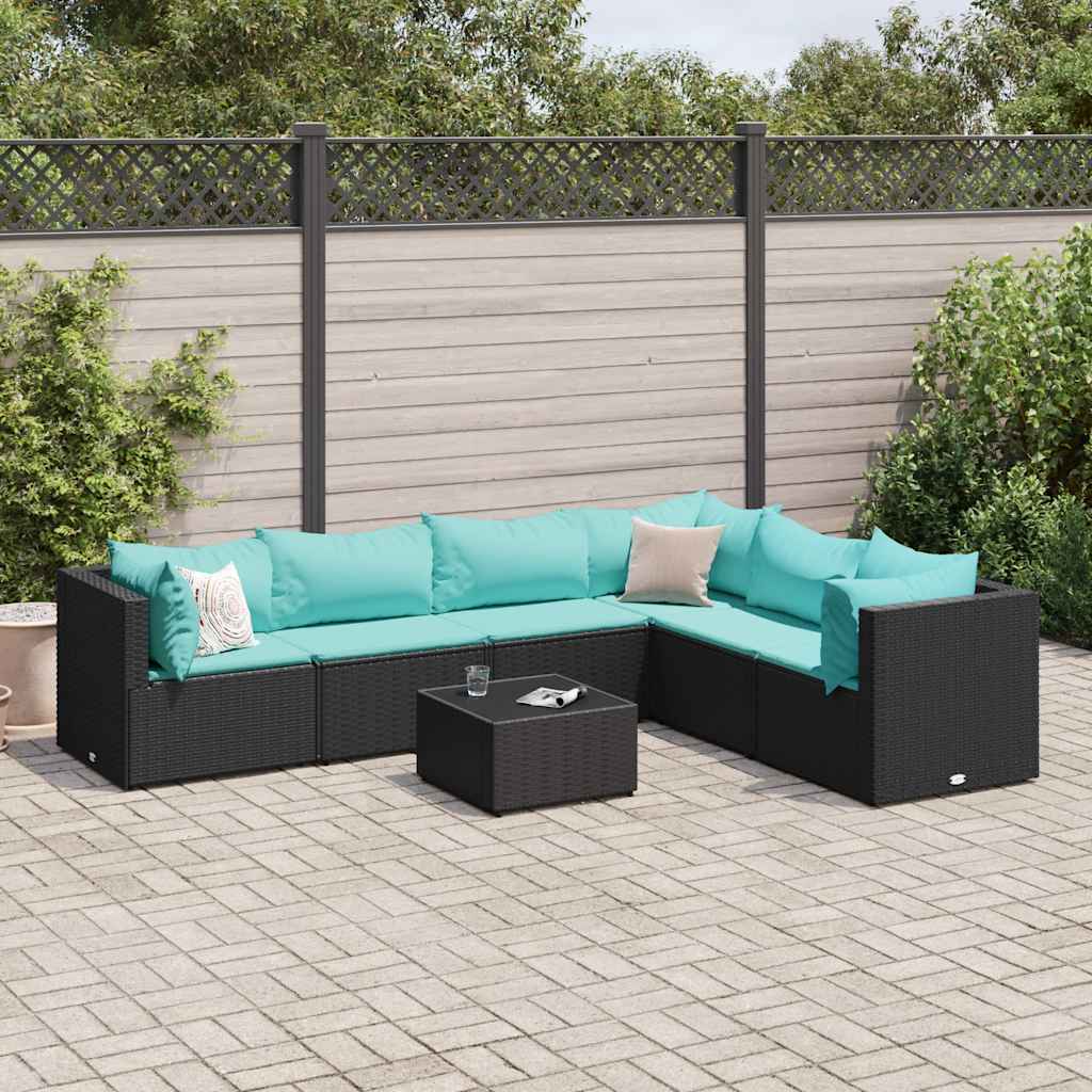 7-tlg. Garten-Lounge-Set mit Kissen Schwarz Poly Rattan