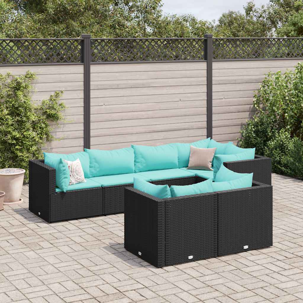 7-tlg. Garten-Lounge-Set mit Kissen Schwarz Poly Rattan