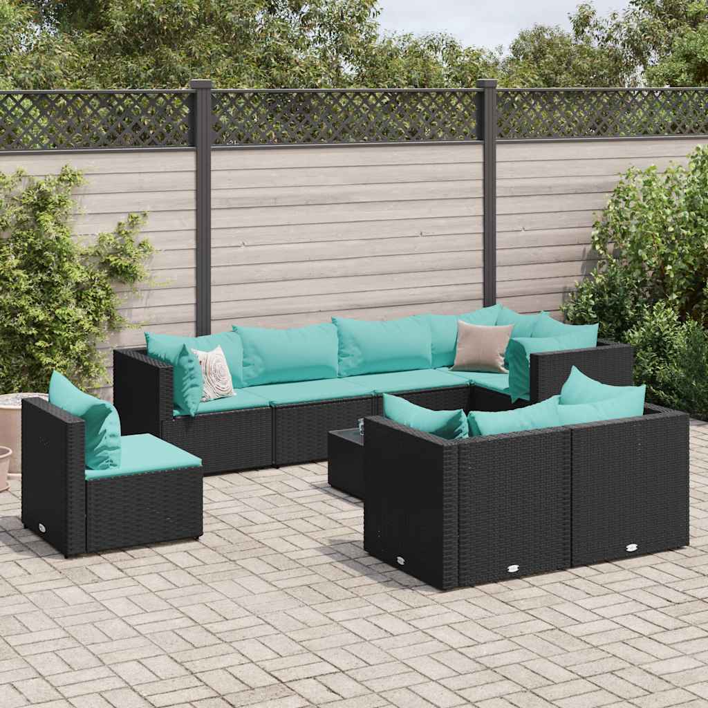 vidaXL Salon de jardin 9 pcs avec coussins Noir Résine tressée