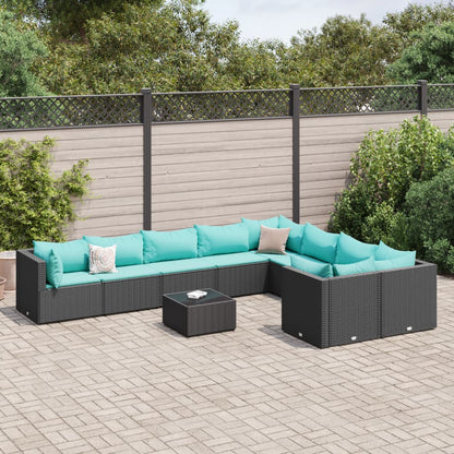 10-tlg. Garten-Sofagarnitur mit Kissen Schwarz Poly Rattan