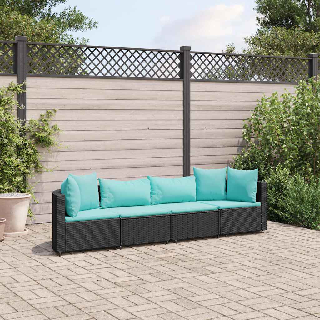 vidaXL 4-tlg. Garten-Sofagarnitur mit Kissen Schwarz Poly Rattan