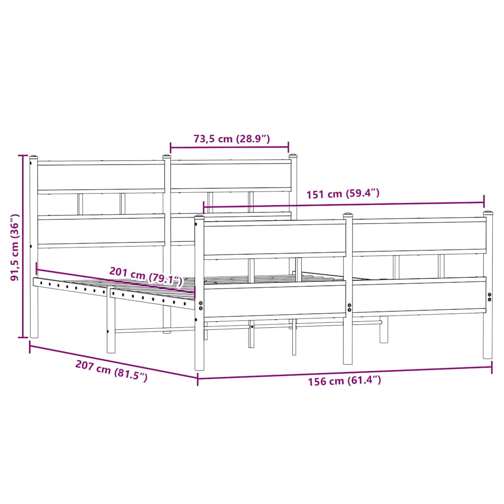 Metallbett ohne Matratze Sonoma-Eiche 150x200 cm