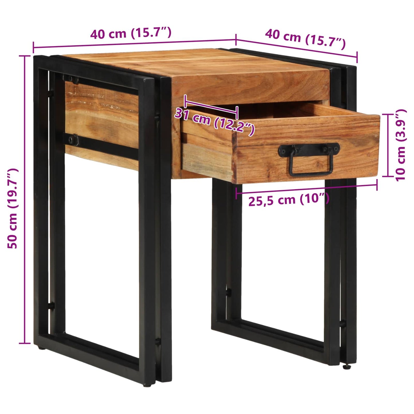 vidaXL Table d'appoint avec tiroirs 40 x 40 x 50 cm Bois d'acacia massif