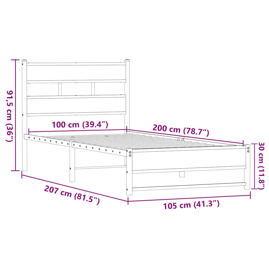 Metallbett ohne Matratze Eichen-Optik 100x200 cm