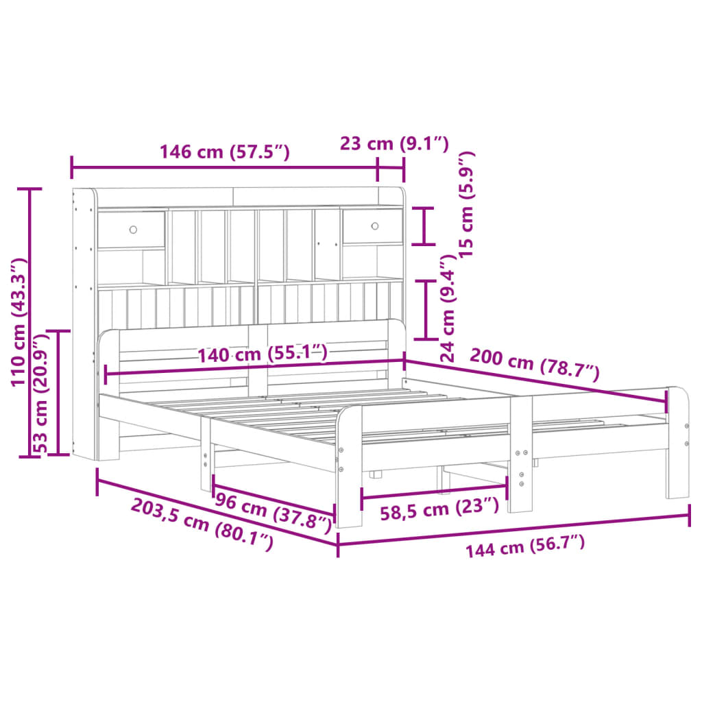 vidaXL Massivholzbett mit Regal ohne Matratze Wachsbraun 140x200 cm
