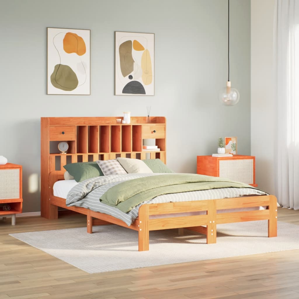 vidaXL Massivholzbett mit Regal ohne Matratze Wachsbraun 140x190 cm