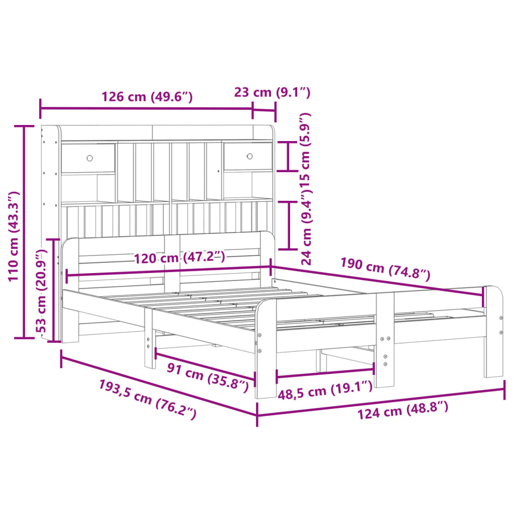 vidaXL Massivholzbett mit Regal ohne Matratze Wachsbraun 120x190 cm