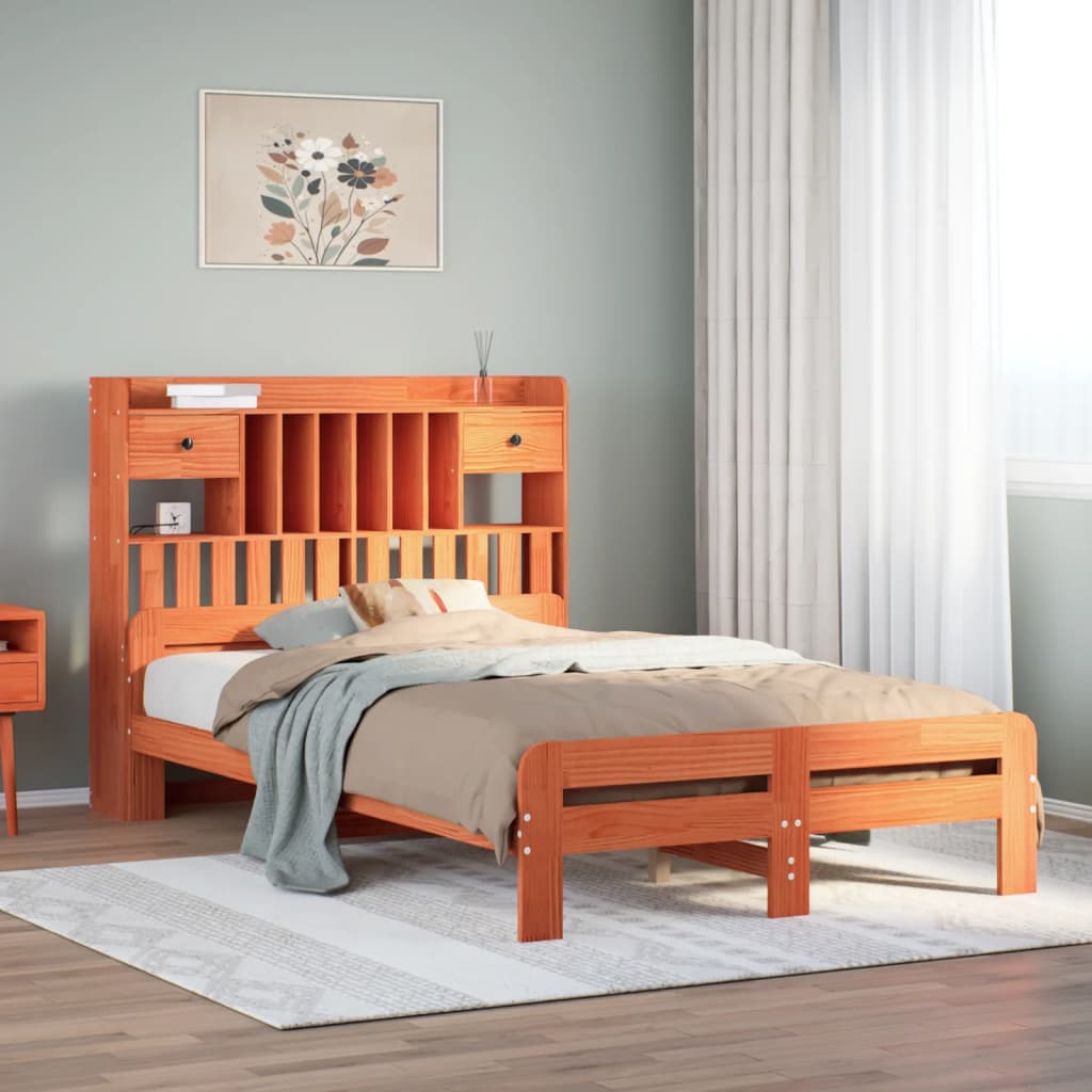 vidaXL Massivholzbett mit Regal ohne Matratze Wachsbraun 120x190 cm