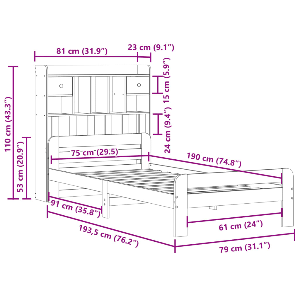 vidaXL Lit en bois massif avec étagère sans matelas Marron ciré 75x190 cm