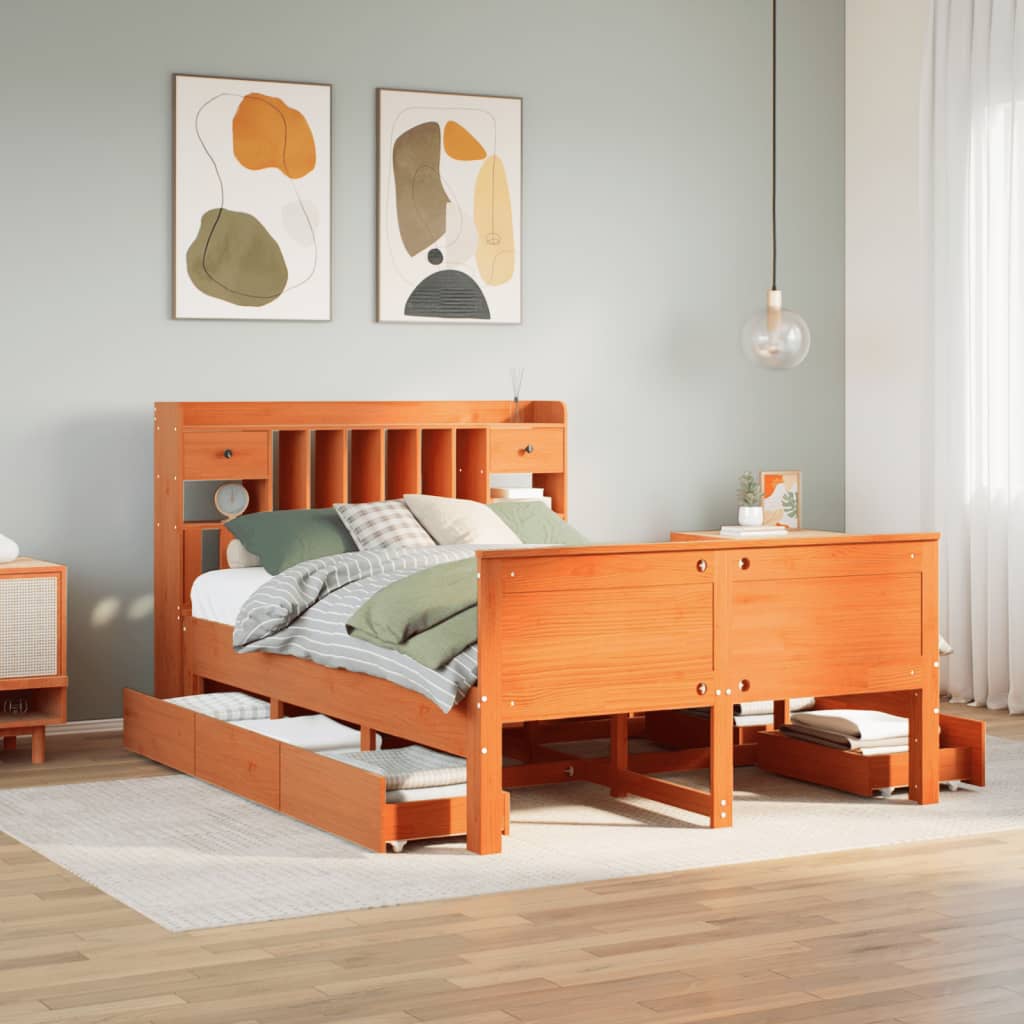 vidaXL Massivholzbett mit Regal ohne Matratze Wachsbraun 140x200 cm