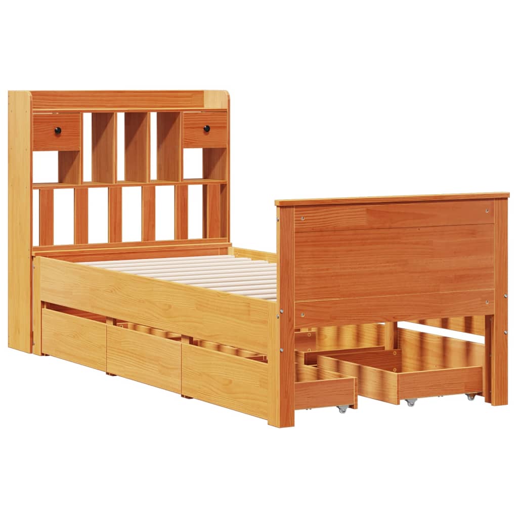 vidaXL Lit en bois massif avec étagère sans matelas Marron miel 100x200 cm