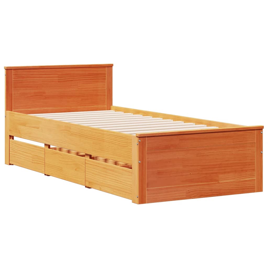 vidaXL Lit en bois massif avec étagère sans matelas Marron miel 100x200 cm