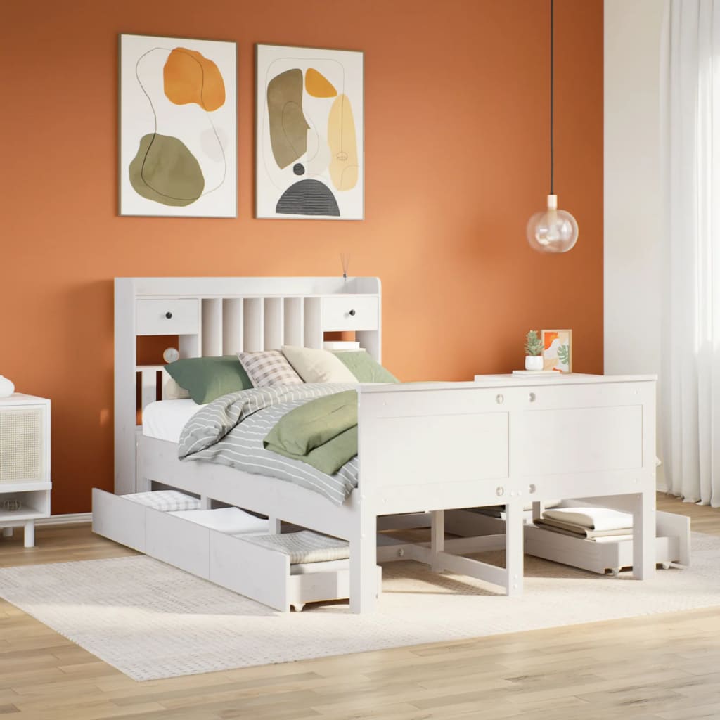 vidaXL Massivholzbett mit Regal ohne Matratze Weiß 135x190 cm Kiefer