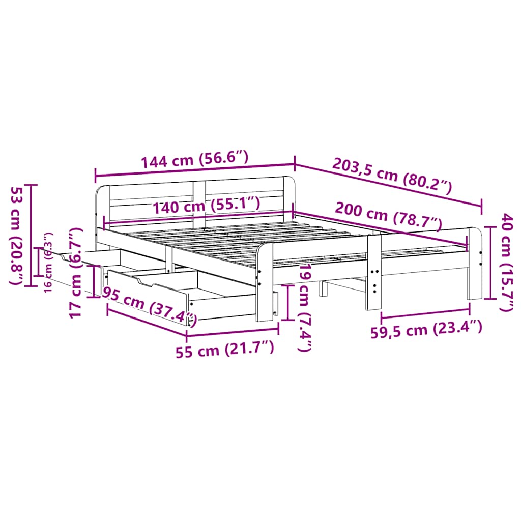 vidaXL Lit en bois massif sans matelas Marron ciré 140x200 cm Bois de pin