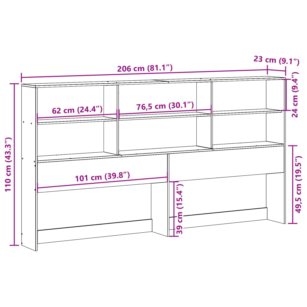 vidaXL Kopfteil mit Stauraum Wachsbraun 200 cm Massivholz Kiefer