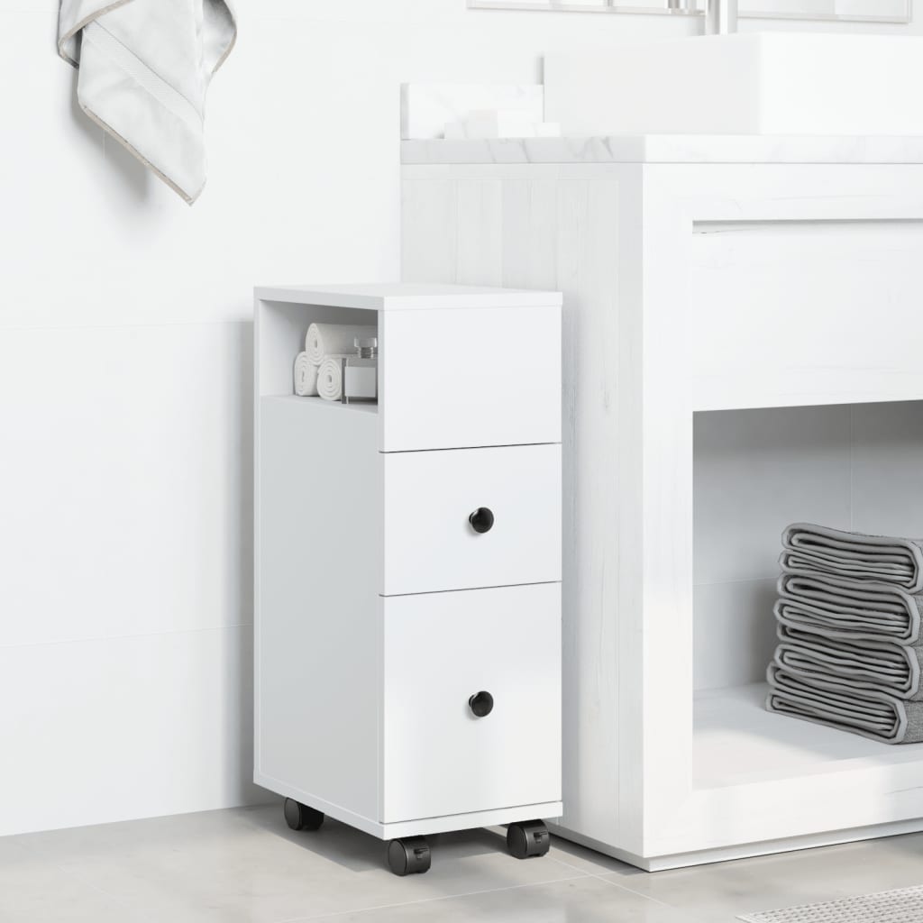 vidaXL Meuble bas de salle de bain étroit à roulettes blanc en bois d'ingénierie