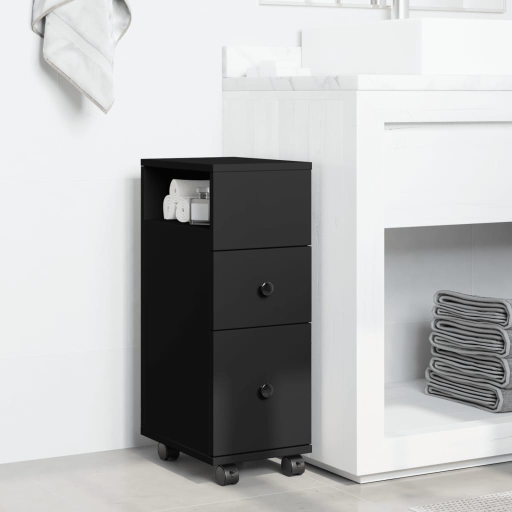 vidaXL Meuble de salle de bain étroit à roulettes noir en bois d'ingénierie