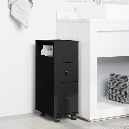 vidaXL Meuble de salle de bain étroit à roulettes noir en bois d'ingénierie